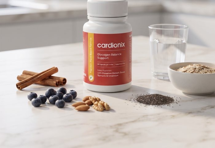 Bote de Cardionix sobre una encimera con ramas de canela, arándanos, nueces y un bol de copos de avena